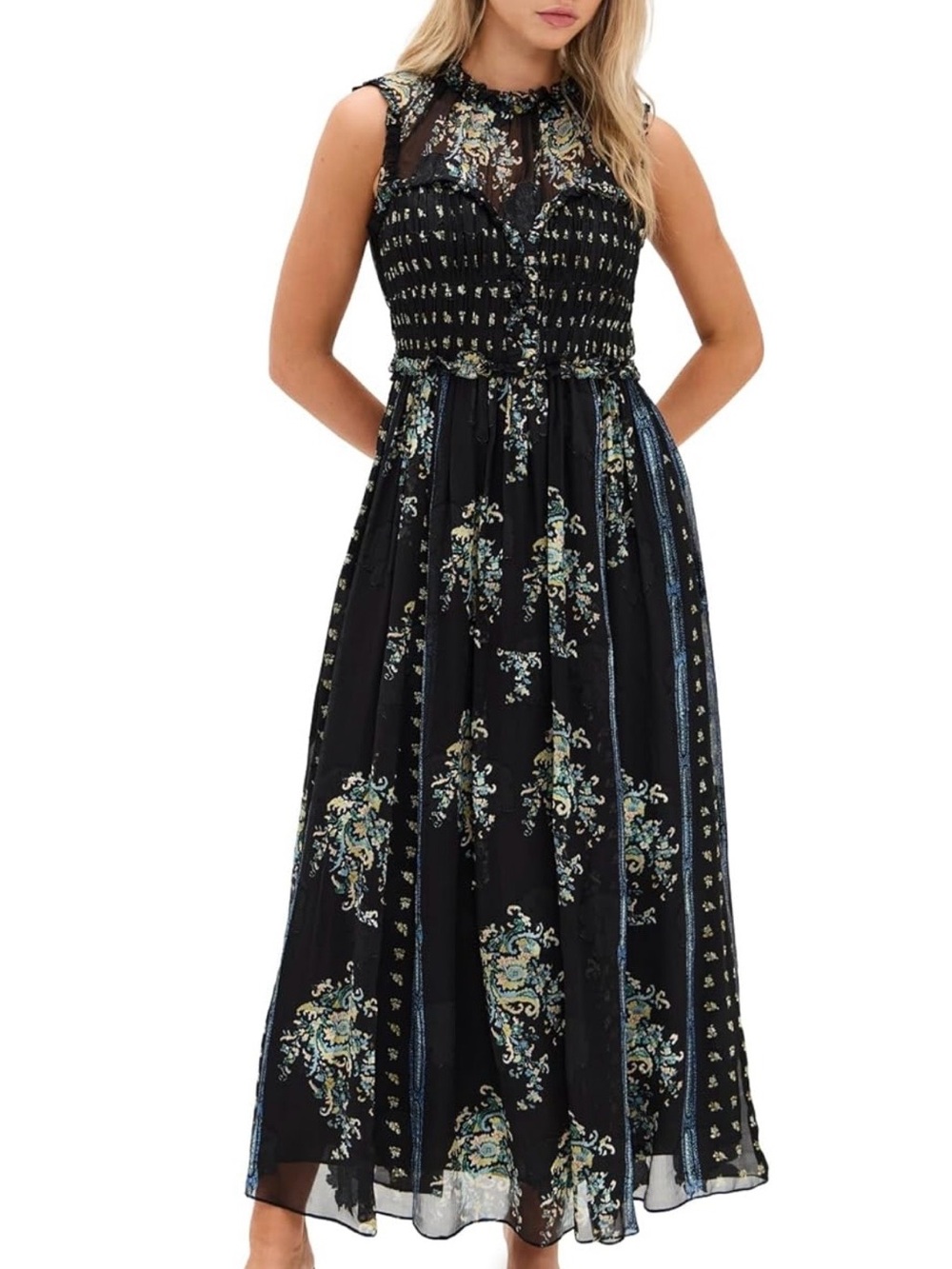 Ulla Johnson Black Floral Midi Dress with Blue and Cream Accents
